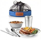 Wealers Unique Complete Messware Kit Polished Stainless Steel Dishes Set| Tableware| Dinnerware| Camping| Buffet| Includes - Cups | Plates| Bowls| Cutlery| Comes in Mesh Bags (Single Person Blue)