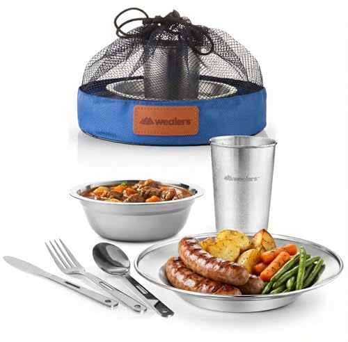 Wealers Unique Complete Messware Kit Polished Stainless Steel Dishes Set| Tableware| Dinnerware| Camping| Buffet| Includes - Cups | Plates| Bowls| Cutlery| Comes in Mesh Bags (Single Person Blue)