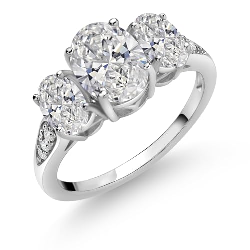 Gem Stone King 10k White Gold Oval White Lab Grown Diamond 3-stone Engagement Ring