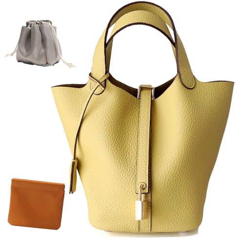 Genuine Leather Lock Design Bucket Bag Vegetable Basket (Yellow)