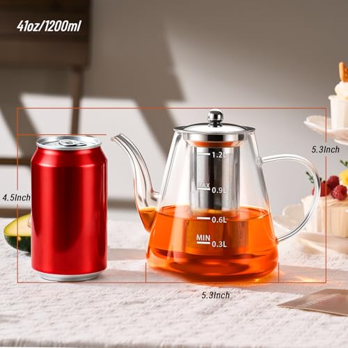Image of PARACITY Glass Teapot Stovetop, Borosilicate Clear Tea Kettle with Removable 18 /8 Stainless Steel Infuser, Teapot Blooming and Loose Leaf Tea Maker Tea Brewer for Camping (transparent, 1200ml-scale)