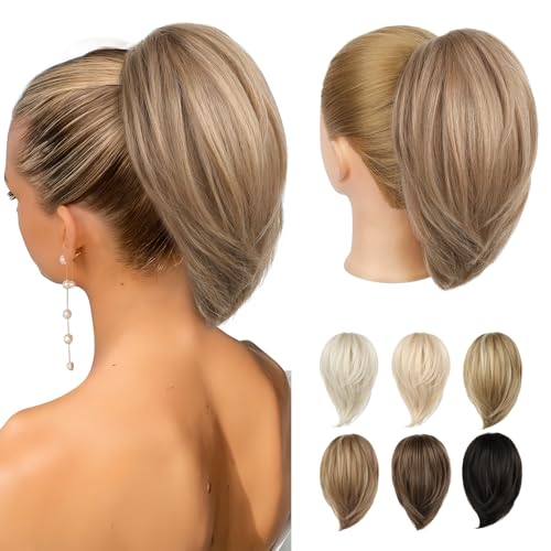 REECHO Ponytail Extension,Claw Clip Hair Bun Hair Piece Short Straight Ponytail Hair Extensions Messy Hair Bun Natural Synthetic Fake Ponytail Hair Pieces for Women- Dark Blonde
