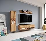 FURNIX Wohnwand Wohnzimmer Alyx I - 3-TLG Mediawand wotan Holz Komplett-Set mit LED - TV Lowboard, Vitrine, Hängeregal - Freistehend/Wandmontage - B 170 x H 127 x T 33 cm, Farbe wotan