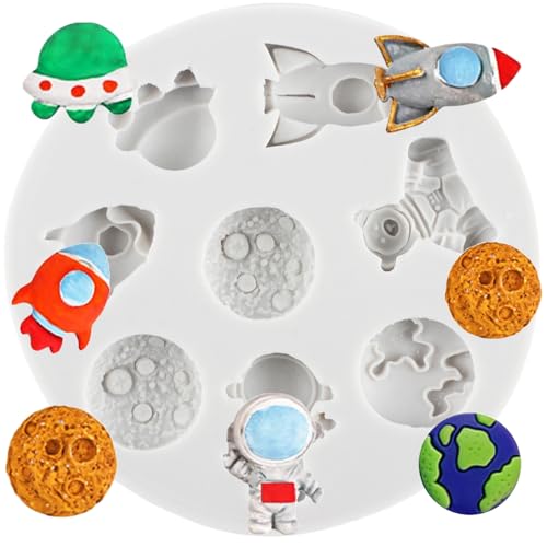 MINFEIDMS Stampi per fondente astronauta a forma di razzo pianeta, stampo in silicone per decorazione torte a tema spaziale, topper per cupcake, caramelle, cioccolato, pasta di gomma, argilla