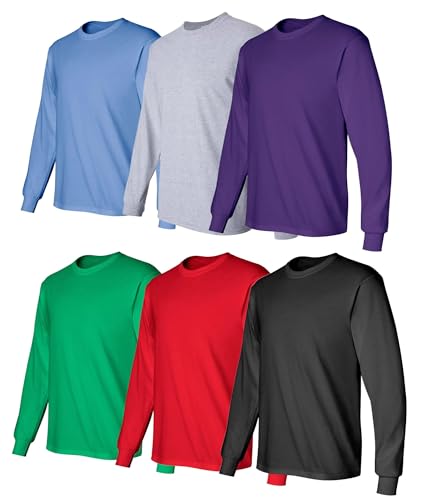 BILLIONHATS 6 Pack Big & Tall Long Sleeve Colorful T-Shirts for Mens 100% Cotton - Crew Neck Bulk Tees Wholesale Packs3