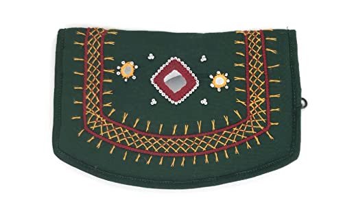 Image of SriShopify Small Wallets for Women Handmade Mirror Work Cotton Coins Zipper Pocket Purse for Girls with Floral Embroidered Purse (7.5 Inch Green Hand Pouch)
