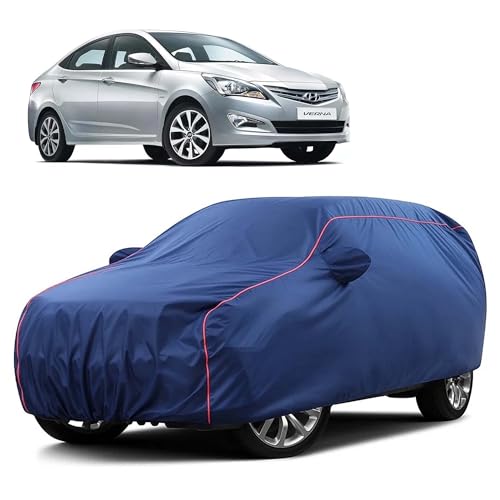 Image of Sulfar 100% Water Resistant Car Body Cover Compatible with Mirror for Hyundai Fluidic Verna (Triple Stitched, Full Bottom Elastic, Blue Taffeta with Red Piping)