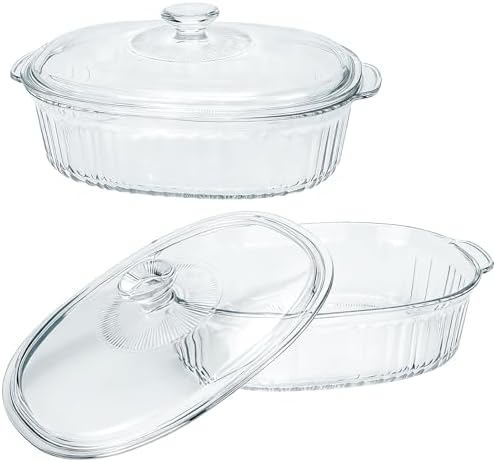 2 Pack Glass Casserole Dish with Lid, Clear Glass Cookware Baking Dish, Casserole Dishes for Oven & Microwave Use, Versatile Deep Glass Food Container for Baking (1.9QT and 3.0QT)