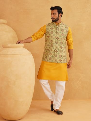 Image of SOJANYA (Since 1958 Men's Cotton Blend Kurta & White Churidar Pyjama with Nehrujacket