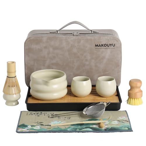 MAKOUYU 12 Pcs Matcha whisk Set,15 OZ,Japanese Matcha Set,With 2 Cups and 1 Leather Storage Bag,Complete Travel Matcha Kit Set,Perfect Matcha Kit for Matcha Tea Ceremony（Beige）