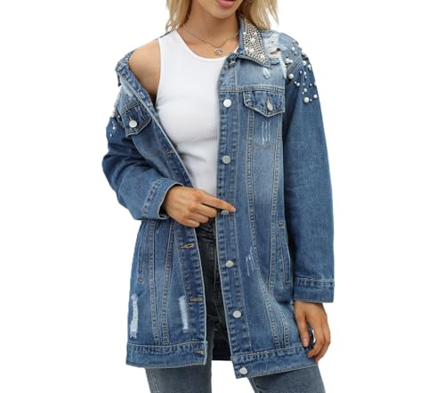 Women's Long Sleeve Button Down Pearl Jean Jacket Boyfriend Long Denim Coat4