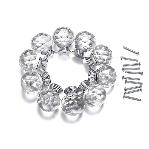 HOSL 10Pack Glass Cabinet Knobs Round Crystal Glass Cupboard Wardrobe Cabinet Drawer Knob Door Pull Handle Diamond Shape Cupboard and Drawer Cabinet Handle for Homeï¼ŒKitchenï¼ŒWardrobe.(30MM)