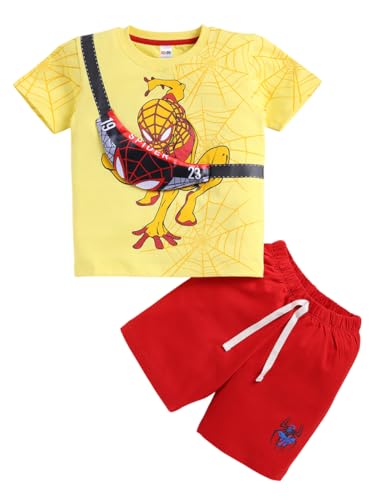 Image of Little Ninja Pure Cotton Knee Length Half Sleeve With Pocket Spider Man Printed Tee & Shorts Set - Yellow 0-6M
