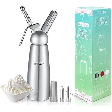 GreatWhip Whipped Cream Dispenser Highly Durable Aluminum Whipped Cream Maker 500ml /1 Pint Large Capacity Cream Whipper with 3 Stainless Steel Nozzles & Cleaning Brush Cover