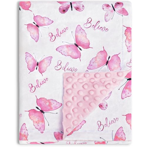 BORITAR Soft Plush Baby Blankets for Girls with Elegant Pink Butterfly Pattern, Double Layer Minky Fabric with Dotted Backing Believe Blanket Gift for Toddler Newborn Infant 30 x 40 Inch(75x100cm)