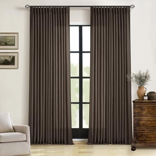 Image of Dark Chocolate Pinch Pleated Linen Curtains 96 Inches Long 2 Panels for Living Room Bedroom Memory Training Brown Semi Sheer Pleat Drapes with Hooks Rings Light Filtering Window Curtain 40x96