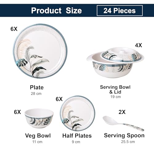 Image of Golden Fish 24 Pcs Dinner Set with Covered Donga for 6 | 6 Full Plates, 6 Quarter Plates, 6 Veg Bowls, 2 Donga with Lid & 2 Serving Spoons | Hygienic Serving Set for Home Dining & Hosting 71