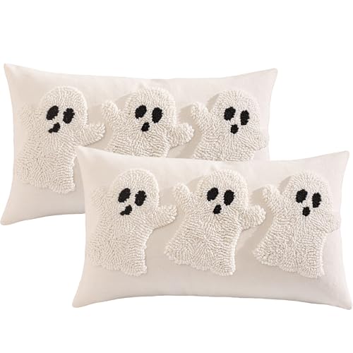 Tosleo Halloween Throw Pillow Covers 12x20 inch Set of 2 Halloween White Three Ghosts Embroidered Pillow Cases Thanksgiving Home Party Fall Decor Pillowcases Lumbar Cushion Covers for Spooky Season