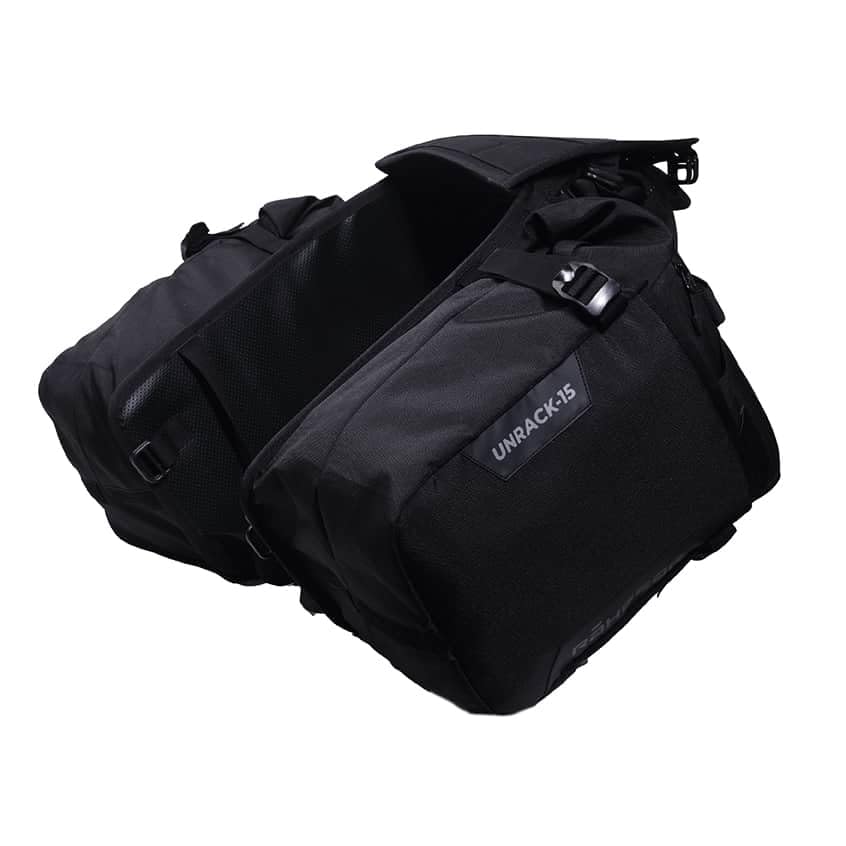 Image of Unrack Tour Rackless Saddlebags 55L (2x15L + 25L) | 100% Waterproof with Roll-Top Dry Liners | Universal System, Quick-One Time Mount Harness, All Bags Converts to Backpacks
