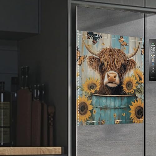 Image of Highland Cow Magnetic Dishwasher Cover,Sunflower Butterfly Dishwasher Covers for The Front Magnetic Dishwasher Panel Decal Cover for Kitchen 23x26inch