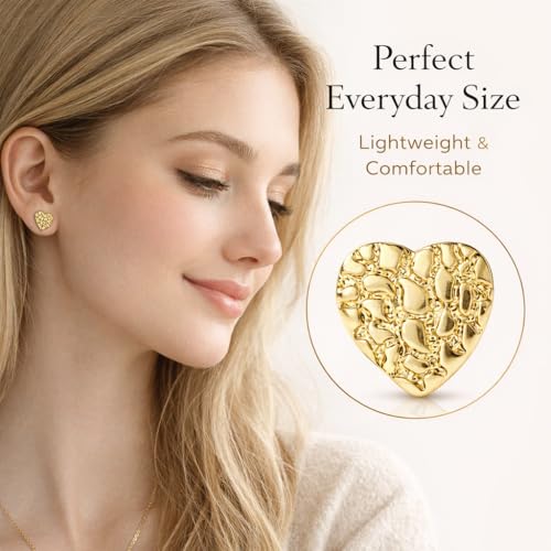 Image of 18K Gold Plated Rough Textured Heart Shape Nugget Stud Gold Earrings For Men /Women Unisex Hypoallergenic Jewelry
