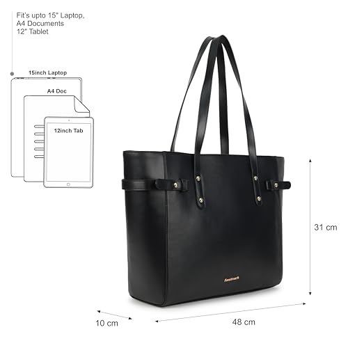Image of Fastrack Black Powermode Laptop Tote For Women | Black Faux Leather Bag | Fits Upto 15 inch Laptop | Ladies Tote Bag with Zipper Closure & Utility Pockets