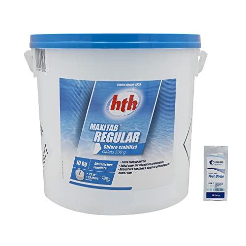 HTH MAXITAB Regular Galet 500g - 10kg | Chlore Lent Stabilisé - Désinfection Régulière - Dissolution Lente + 10 Tests HPS OFFERTS 6 en 1