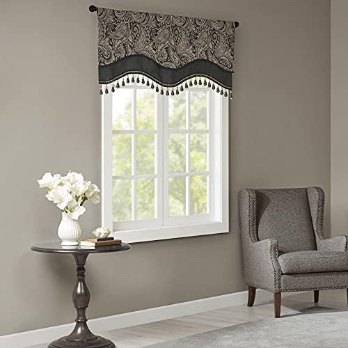 Madison Park Faux Silk Paisley Jacquard, Rod Pocket Curtain with Privacy Lining for Living Room, Kitchen, Bedroom and Dorm, 50 in x 18 in, Black Bead Trim