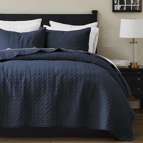 palassio Navy Blue 100% Cotton Quilt Twin Size Bedding Sets with 1 Pillow Sham, Textured Lightweight Soft Bedspread Shabby Chic Coverlet, Quilted Comforter Bed Cover for All Season, 2 Pieces