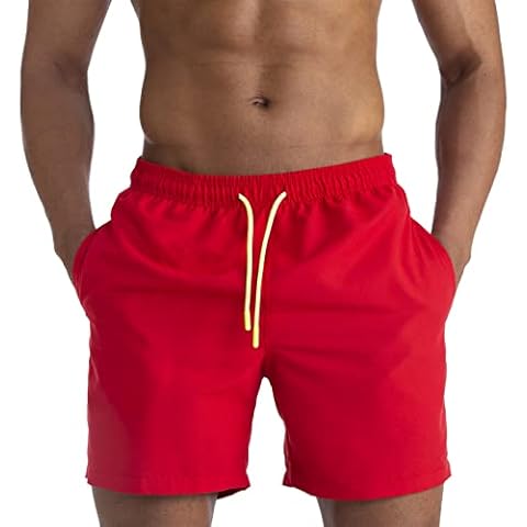 Aisprts Men's Swimming Shorts Swim Trunks Waterproof Surfing Board Shorts for Men Quick-Drying 3 Pockets Beach Shorts Mesh Lining Drawstring Summer Mens Swimwear Red Cover