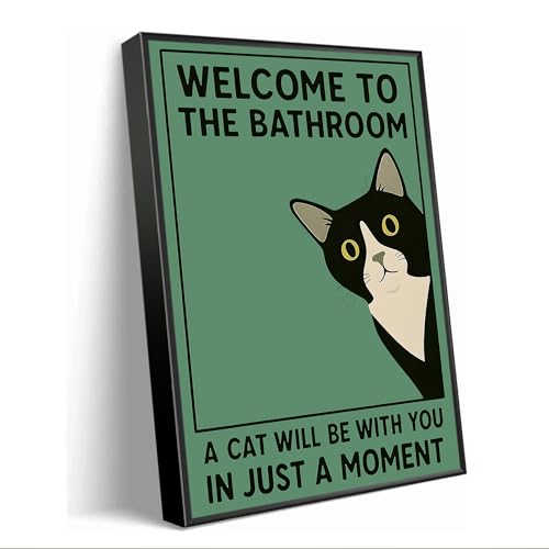 Black Framed Funny Cat Bathroom Canvas Wall Art