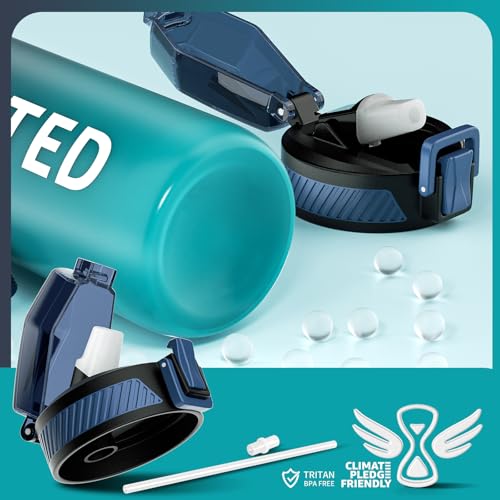 QLUR Trinkflasche, 1L BPA-Frei Tritan Wasserflasche mit Strohhalm, Trinkflasche Sport Auslaufsicher mit Zeitmarkierung und Bürste, Sportflasche für Fitness, Schule, Yoga, Outdoor(1 Flasche)
