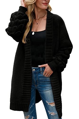 Kapoohott Damen Strickjacke Lang Casual Cardigan Strickmantel Open Front Winter Cardigan(Schwarz,XL) Cover