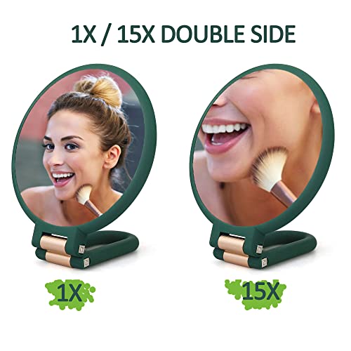 Aneimiah 1X 15X Magnifying Travel Hand Held Vanity Mirror,Compact Double Side Folding Magnification Hand Mirror For Women With 360° Rotating Handle Table Desk Small Round Make Up Mirrors Green #TOP3