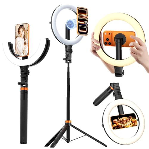 CloudValley Aro de Luz Magnético 10' con Trípode 76', Trípode para Teléfono con Luz Recargable 5000mAh, LED Plegable con 3 Modos & 10 Niveles de Brillo para Maquillaje, Selfies, TikTok