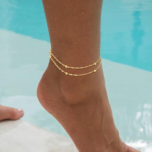 Image of Gold Ankle Bracelets for Women,14k Gold /Silver Plated Waterproof Layered lightweight Cuban Link Figaro Chain Heart anklet Bracelets Set Gold Anklets for women Trendy Jewelry Gift