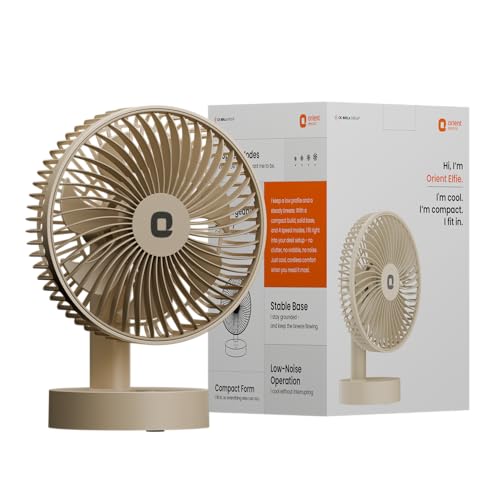 Image of Orient Electric Elfie Rechargeable Personal Fan | 90 Adjustable Airflow | 1800 mAh Battery | 4 Speed Modes | Quiet Operation | USB Type-C Charging | Compact Mini Fan (Beige)