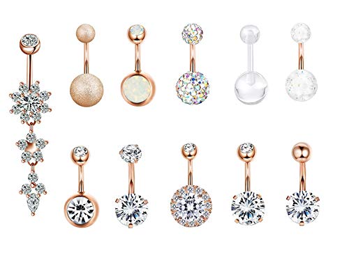 Preisvergleich Produktbild SMCTCRED Bauchnabelpiercings, 11PCS 316L Chirurgenstahl CZ Bauchnabelpiercings mit Dangle Zirkonia Curved Piercing Schmuck Barbells für Frauen Mädchen (11 Stück)
