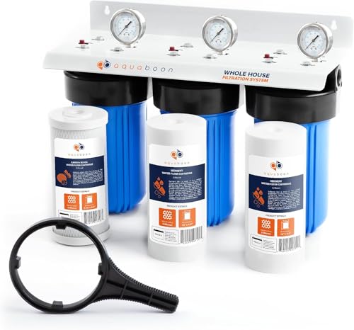 Aquaboon 3-Stage Whole House Water Filter System with 5 Micron 10x4.5 House Water Purification 2 Reducing Sediment and Carbon Chlorine Reduction Filter, Pressure Gauge, Wrench, Bracket