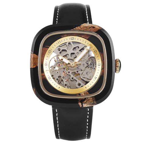 Montre mécanique homme squelette vintage avec cadran transparent et cuir noir