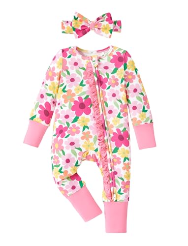 PATPAT Baby Girl Boy Clothes Newborn Infant Footie – Soft Viscose from Bamboo– 2-Way Zipper, Fold-Over Mitten, Ruffle Trim