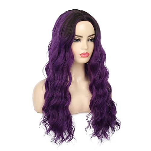 Image of Swiking Ombre Purple Curly Wavy Long Wigs for Women Black Root Natural Breathable Colorful Wig for Halloween Party Cosplay (Purple)