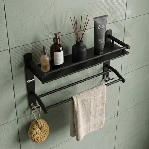 Image of GRIVAN Stainless Steel Bathroom Shelf Rack Stand with Dual Towel Rod | Multipurpose Bathroom Accessories Set (Black Matte)