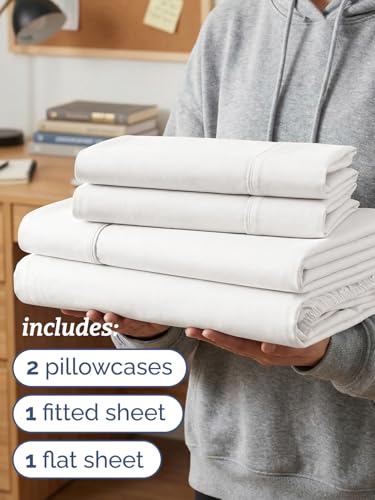 Image of Twin XL 4 Piece Sheet Set - College Dorm Room Essentials - Antique White | Ultra Soft Dorm Bedding Set, 8 inch to 16 inch Inch Deep Pockets, 1 Flat & 1 Fitted Sheet & 2 Pillowcases, Wrinkle & Fade Free