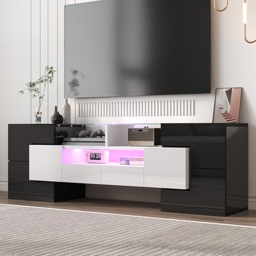 KOMHTOM Meuble TV Moderne avec 6 Portes et 2 Tiroirs, Meuble de Salon avec éclairage LED, pour Salon, Salle à Manger et Chambre à Coucher (Noir+Blanc)