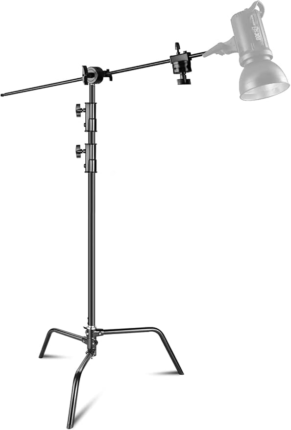 Neewer C-Stand Soporte de Luz para Fotografía con 128 cm Brazo de Extensión de Acero 100% Resistente, 2 Cabezales de Grip y Base para Studio Monolight, Softbox, Reflector, Altura Máxima de 320 cm
