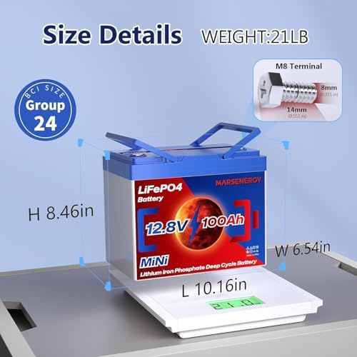 image for Marsenergy 12V 100Ah Lifepo4 Battery, Bci Group 24 Size, Built-In 100A