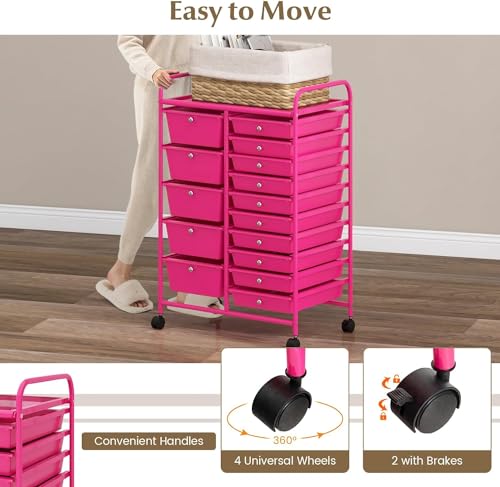 Image of LDAILY 15 Drawer Rolling Storage Cart, Rolling Cart with Drawers for Classroom, Art Supply Craft Organizer on Wheel with Metal Frame & Handles for Home Office School