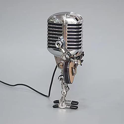 Vintage Microphone Guitar Robot Lamp With Dimmer , Cool Cute Retro Metal Mini Size Night Light Table Lamp Adjustable Brightness For Bedroom Desk Home Decor (Microphone Robot Lamp) #TOP2