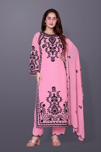 Image of Women's Georgette Embroidered Kurti | Round Neck | Full Sleeves | with Pant and Dupatta Set-pink-NR-111
